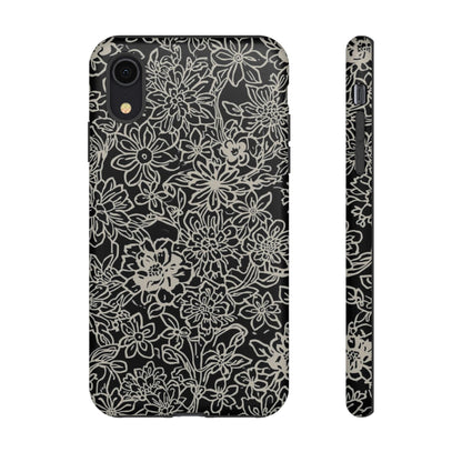 Floral Doodle Tough Phone Case — Black & White Sketch Flower Protective Cover
