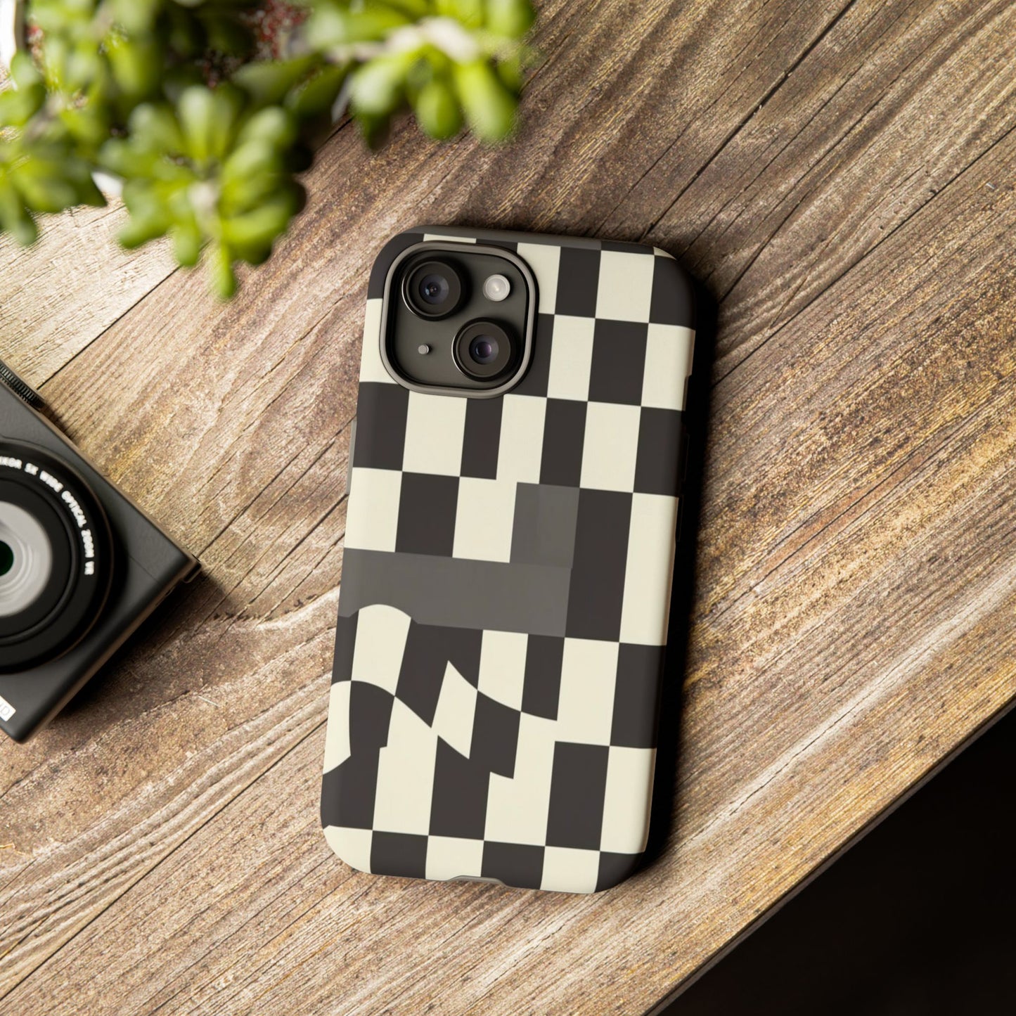 Checkerboard Wave Phone Case — Black & Cream Graphic Tough Case
