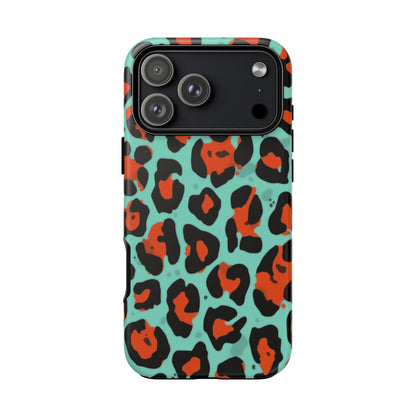 Leopard Print Tough Phone Case — Teal & Rust Protective iPhone Cover