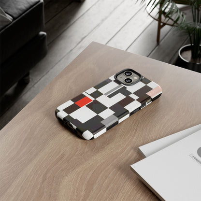 Abstract Geometric Phone Case – Black & White Checker Grid with Red Accent