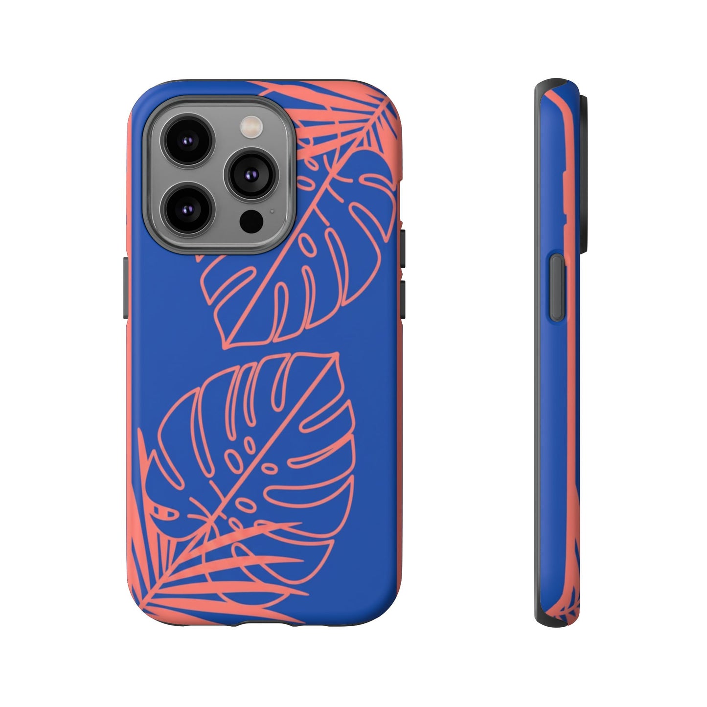 Tropical Monstera Phone Case — Blue & Coral Leaf Protective Cover