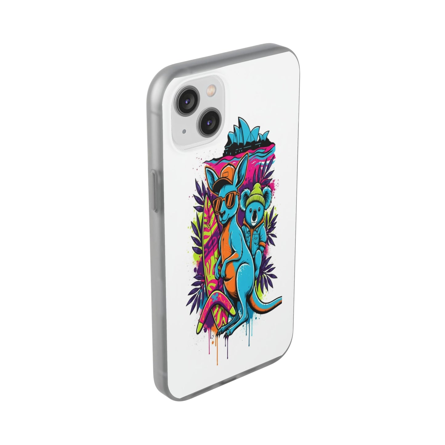 Kangaroo & Koala Surf Phone Case — Neon Aussie Beach Vibes Flexible Case