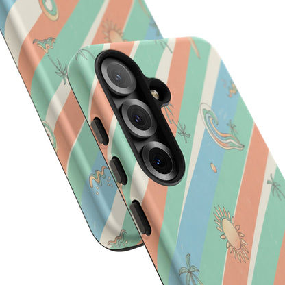 Retro Beach Stripes Phone Case — Sun, Waves & Palm Pattern Tough Case