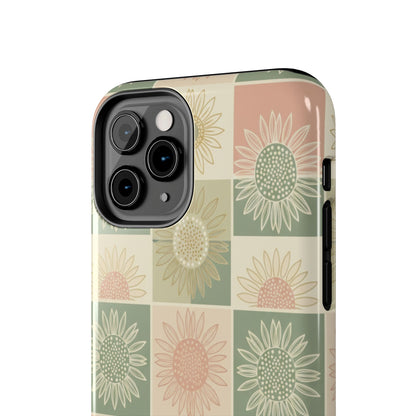 Sunflower Check iPhone Tough Phone Case — Retro Pastel Floral Protective Cover