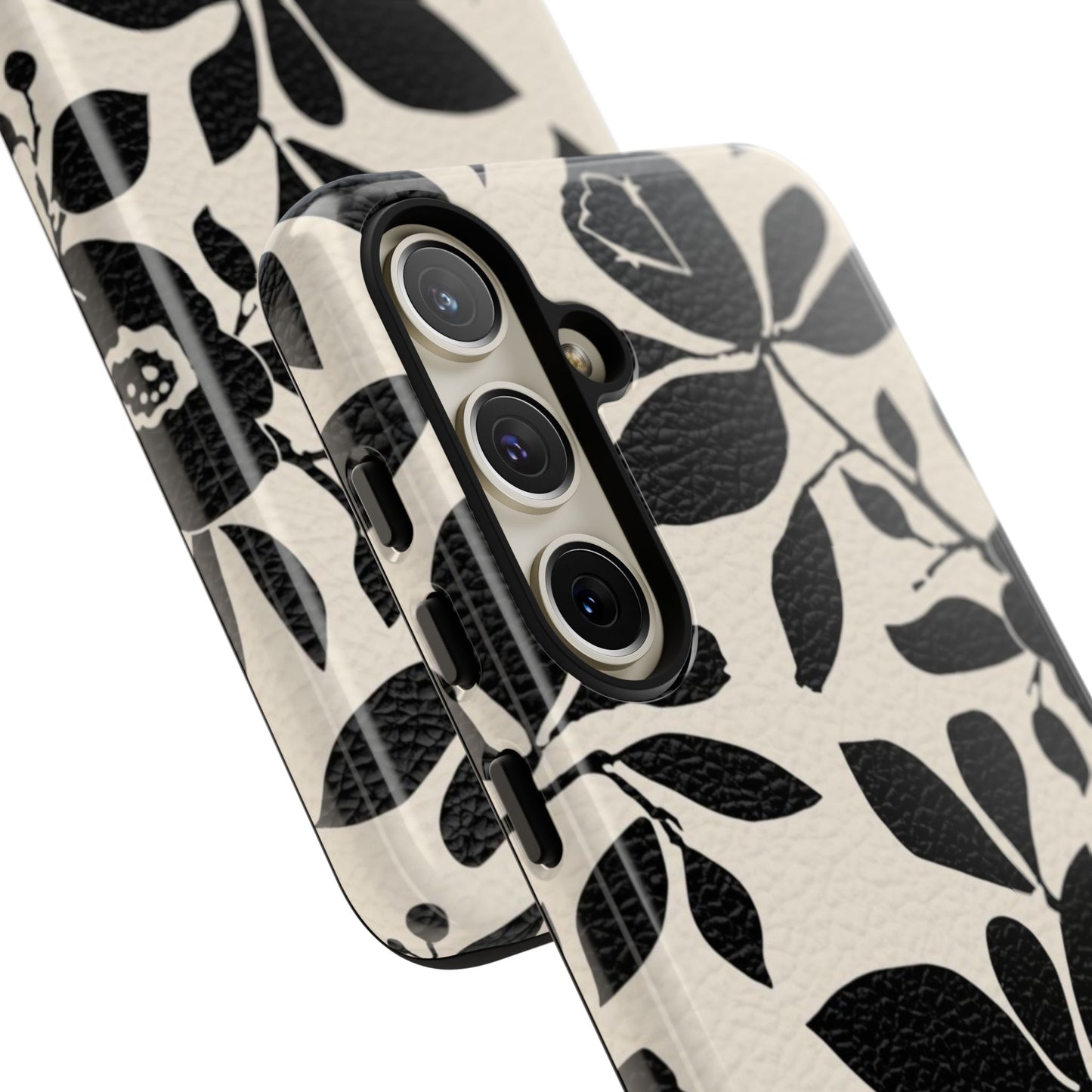 Black Floral Pattern Phone Case — Monochrome Botanical Tough Case