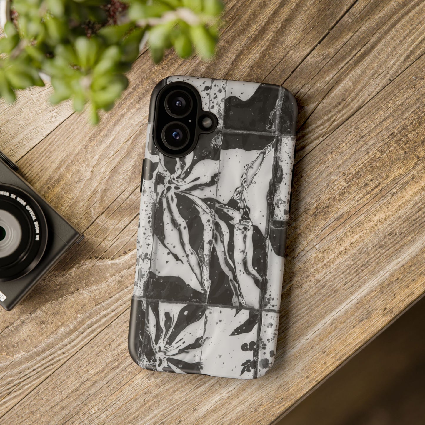 Monochrome Tile Floral Tough Phone Case