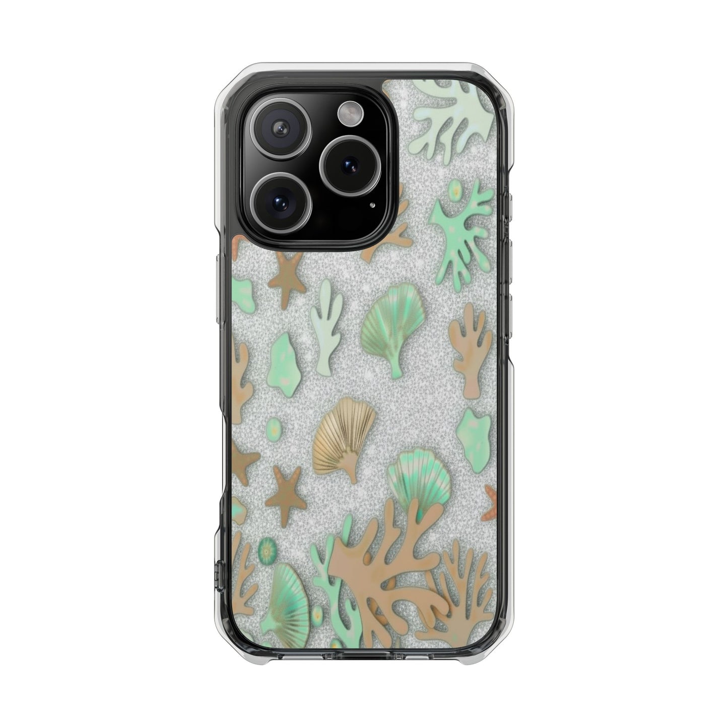 Clear Magnetic Phone Case — Sea Shell & Coral Glitter Design