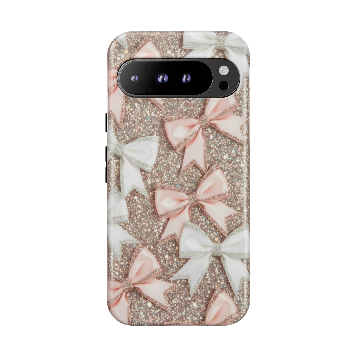 Glitter Bow Tough Phone Case — Pink & White Ribbon Protective Cover