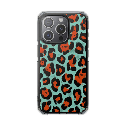 Clear Magnetic Phone Case — Teal & Rust Leopard Print