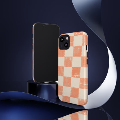 Peach Checkerboard Tough Phone Case — Retro Distressed Grid Design