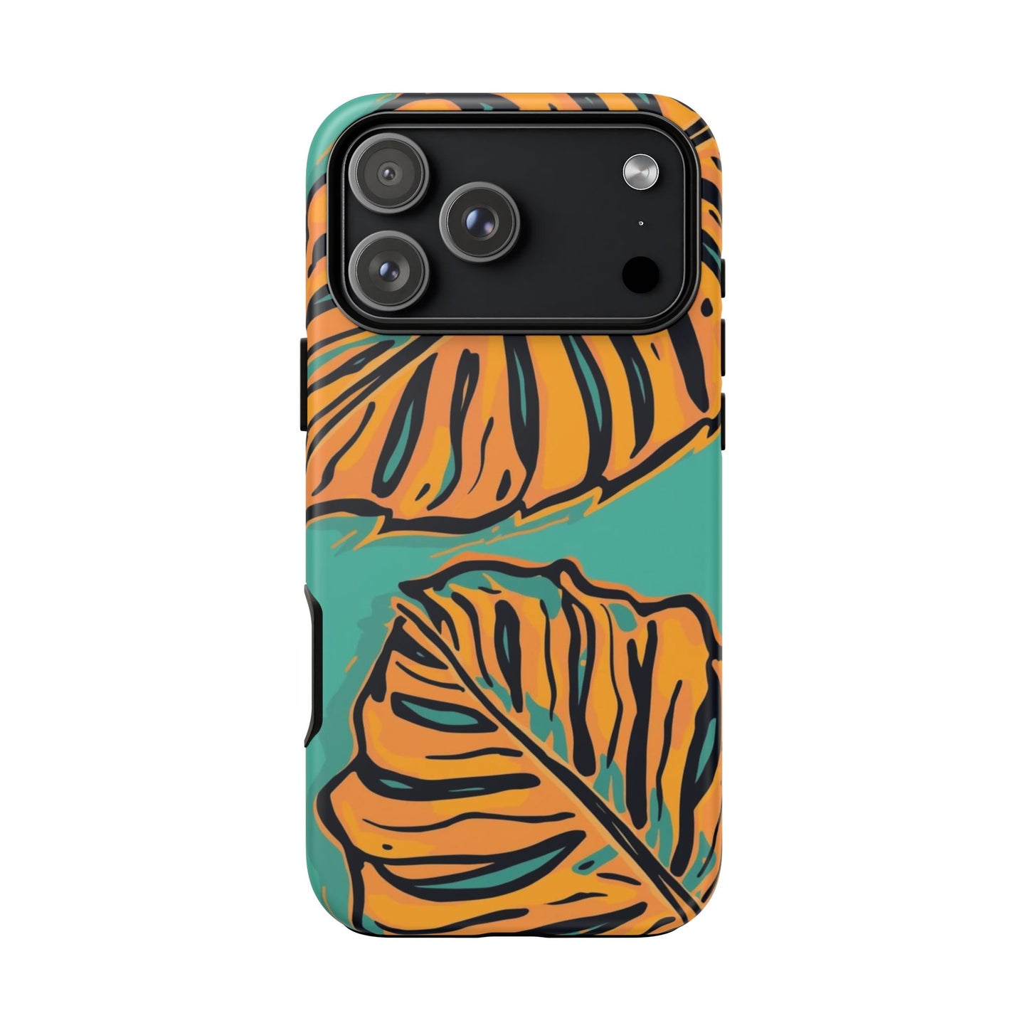 Tropical Leaf Tough Phone Case — Orange Monstera Design on Teal