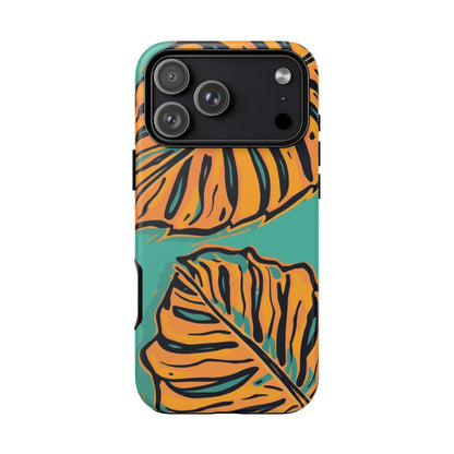 Tropical Leaf Tough Phone Case — Orange Monstera Design on Teal