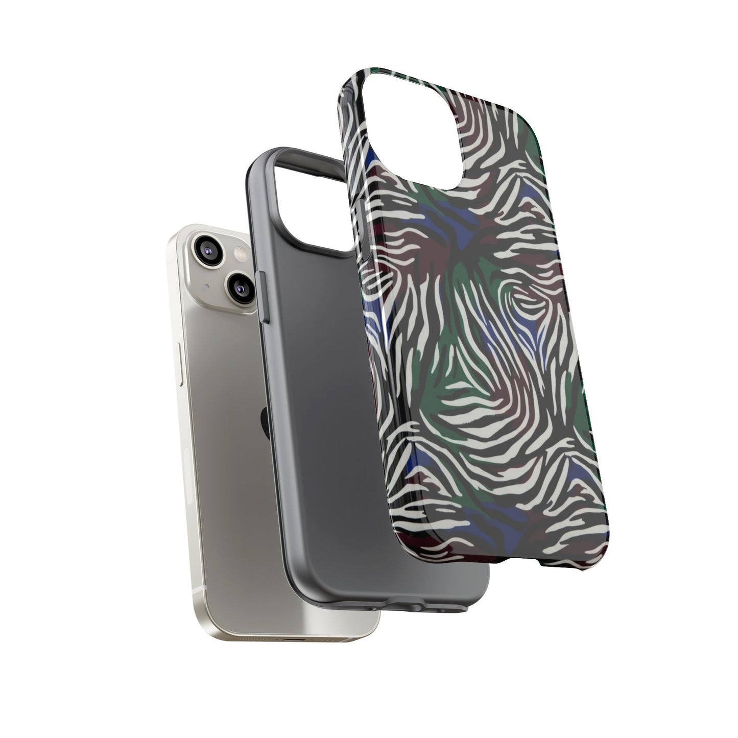 Zebra Camo Tough Phone Case – Green & Blue Animal Print Protective Cover