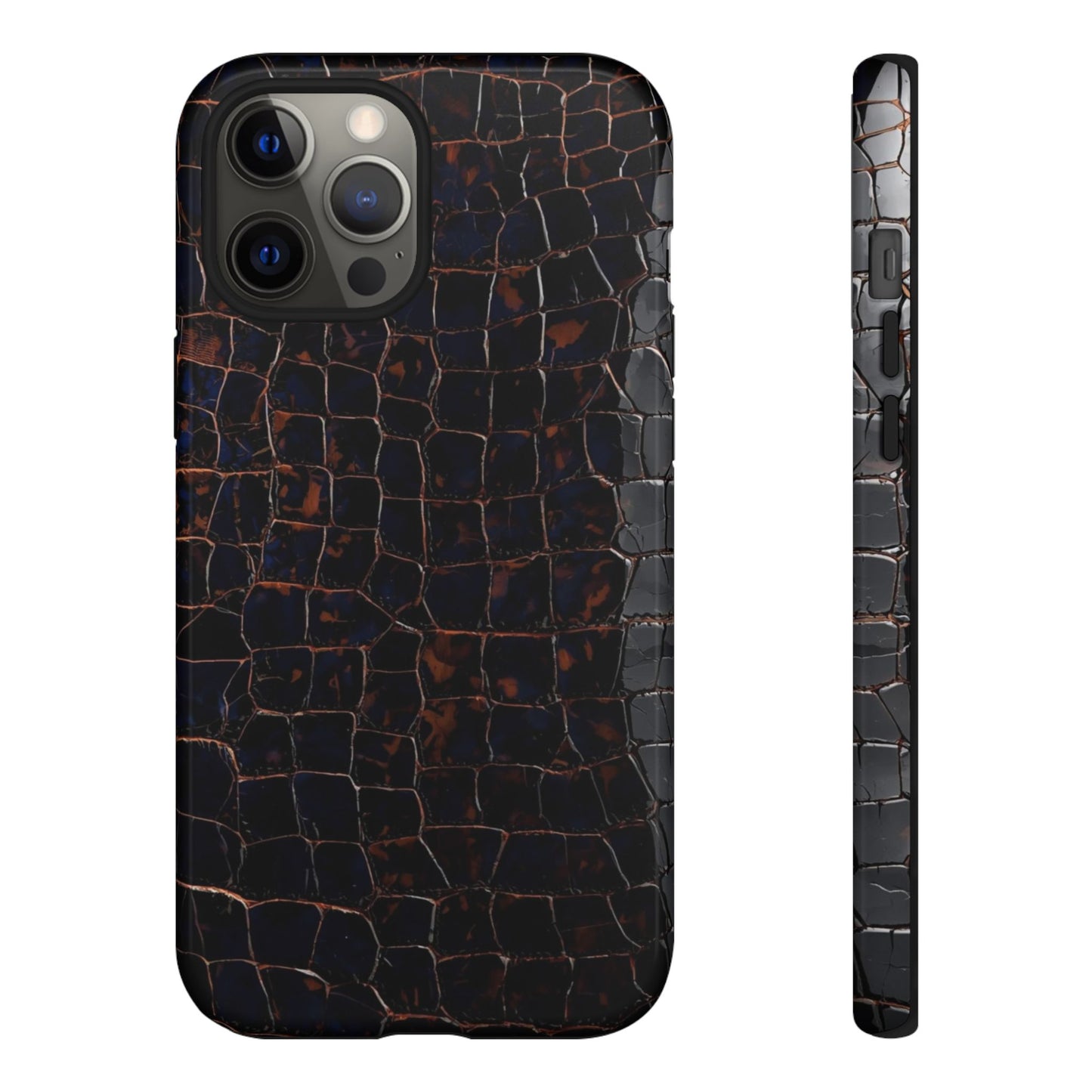 Croc-Embossed Tough Phone Case — Shockproof Black Alligator Texture
