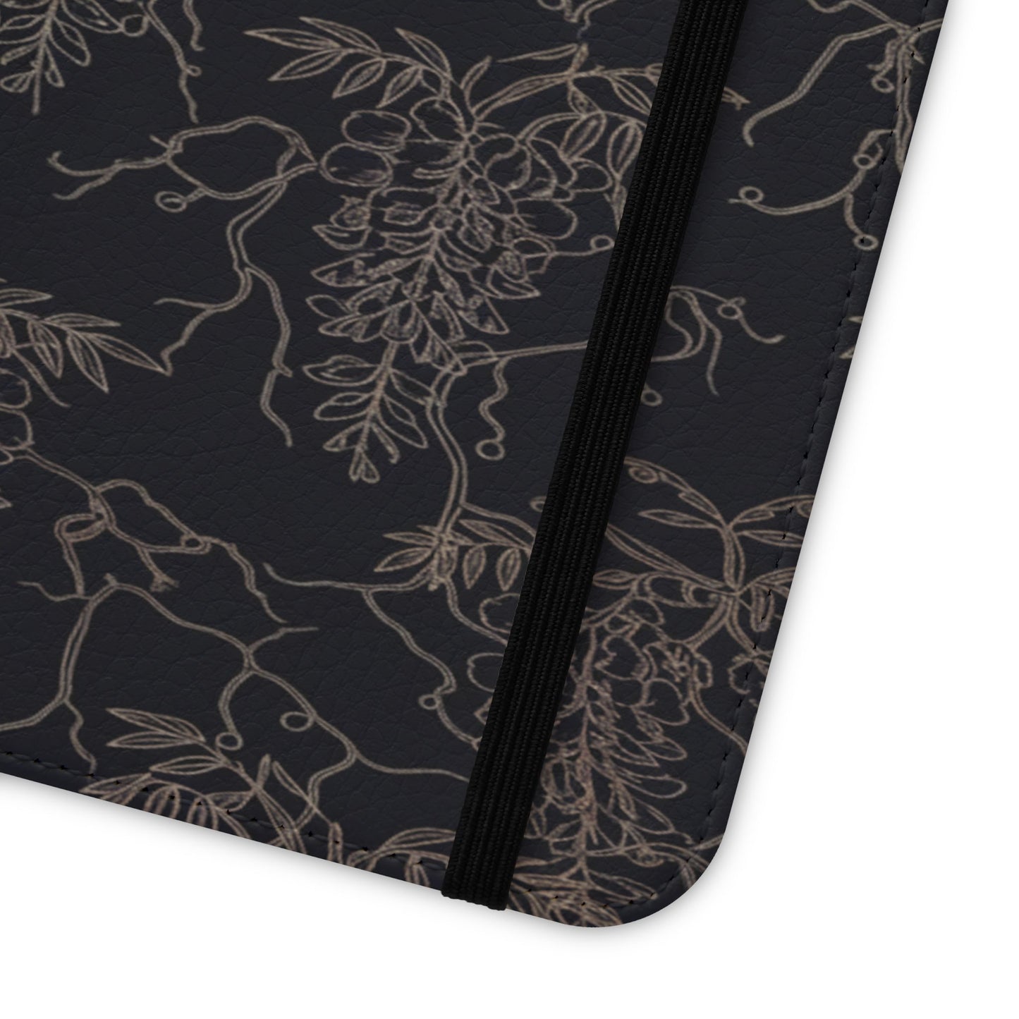 Botanical Noir Flip Phone Case — Dark Floral Wallet Cover with Card Slots