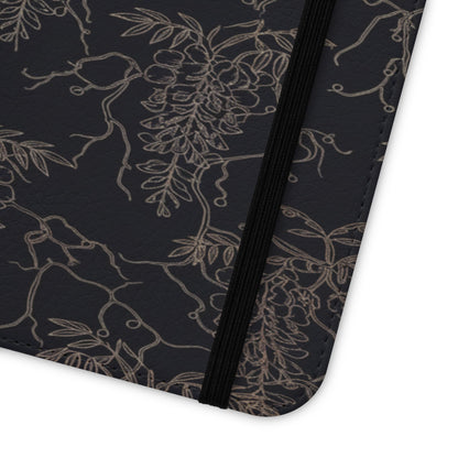 Botanical Noir Flip Phone Case — Dark Floral Wallet Cover with Card Slots