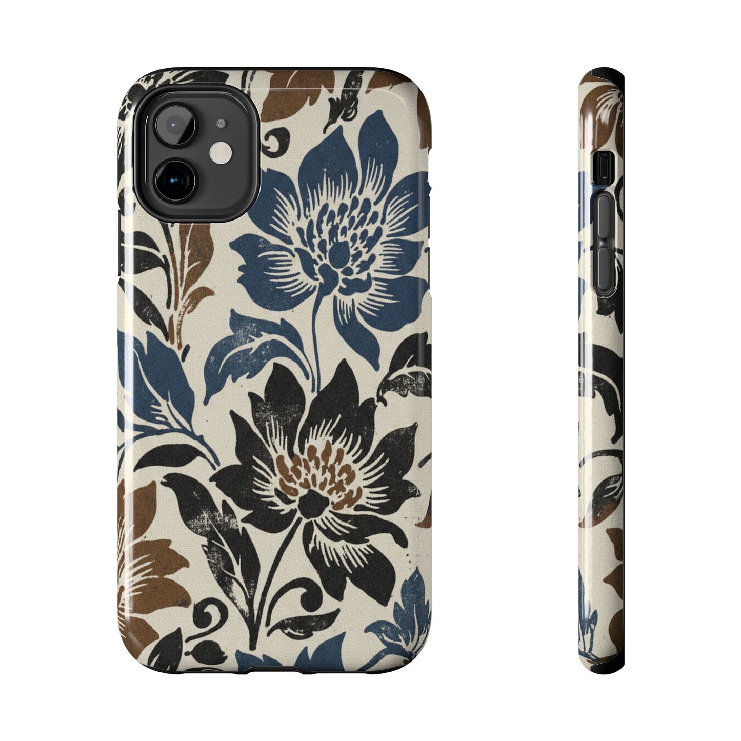 Floral Vintage Tough Phone Case — Blue & Brown Botanical Protection