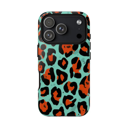 Leopard Print Tough Phone Case — Teal & Rust Protective iPhone Cover