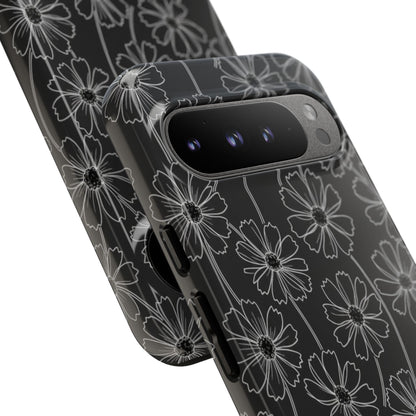 Floral Doodle Tough Phone Case — Black & Gray Daisy Pattern