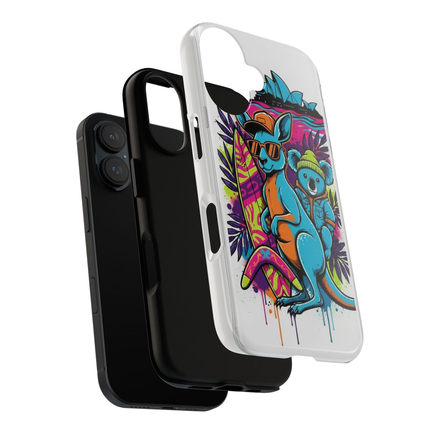 Kangaroo & Koala Surf Phone Case — Retro Neon Beach Art Tough Case