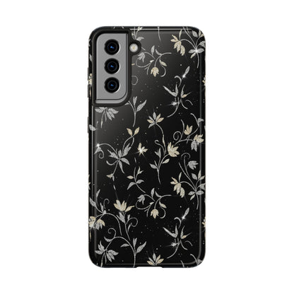 Floral Noir Tough Phone Case — Vintage Black Botanical Protective Cover