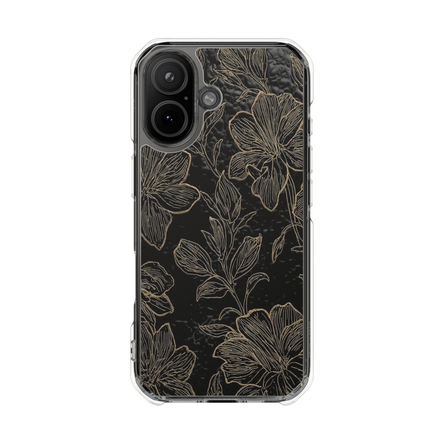 Floral Sketch Magnetic Clear Phone Case — Black & Gold Botanical Impact Case