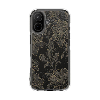 Floral Sketch Magnetic Clear Phone Case — Black & Gold Botanical Impact Case