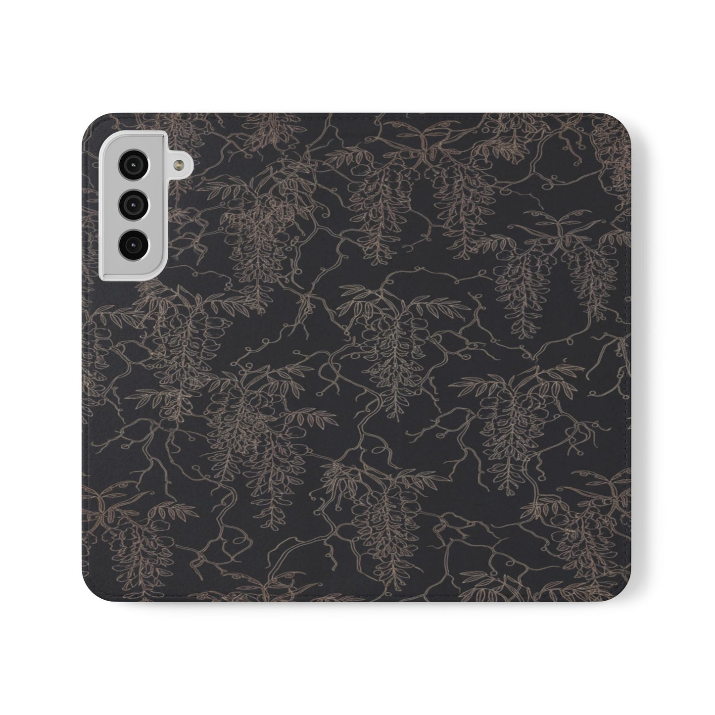 Botanical Noir Flip Phone Case — Dark Floral Wallet Cover with Card Slots