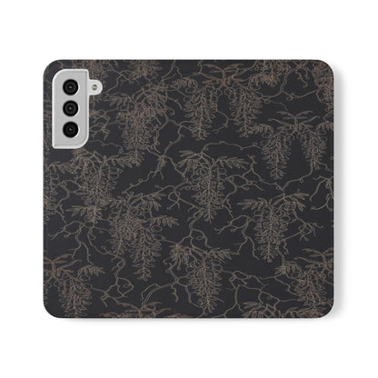 Botanical Noir Flip Phone Case — Dark Floral Wallet Cover with Card Slots