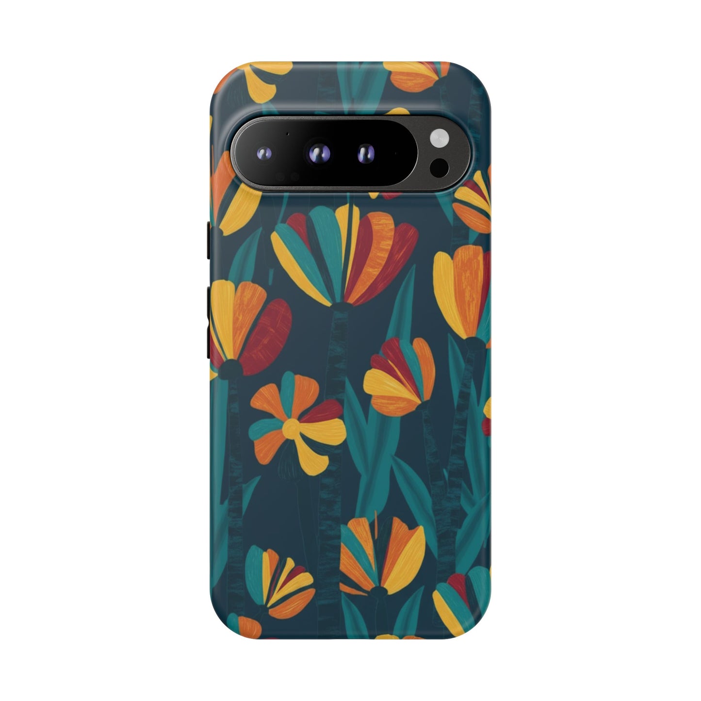 Floral Retro Teal Tough Phone Case — Vibrant Orange & Mustard Blooms