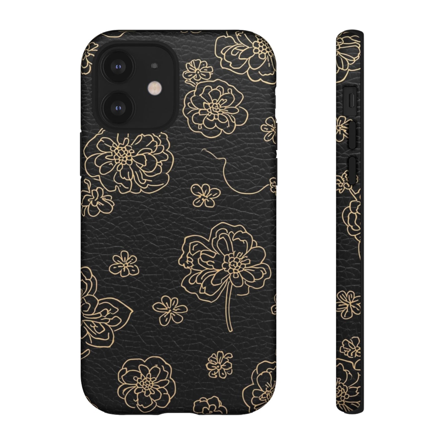 Floral Leather-Texture Tough Case – Black Gold Outline Phone Cover
