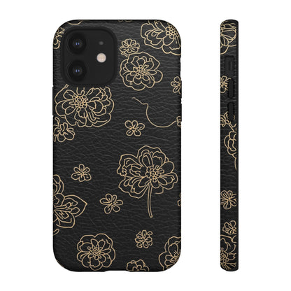 Floral Leather-Texture Tough Case – Black Gold Outline Phone Cover