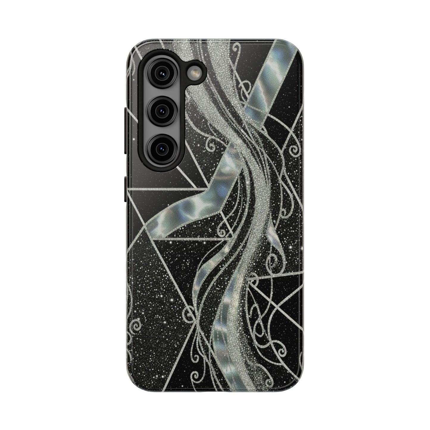 Geometry Tough Phone Case — Iridescent Ribbon on Black Celestial Background