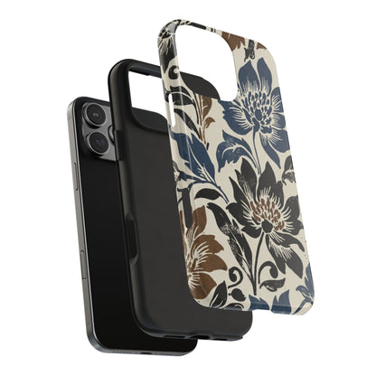 Floral Vintage Tough Phone Case — Blue & Brown Botanical Protection