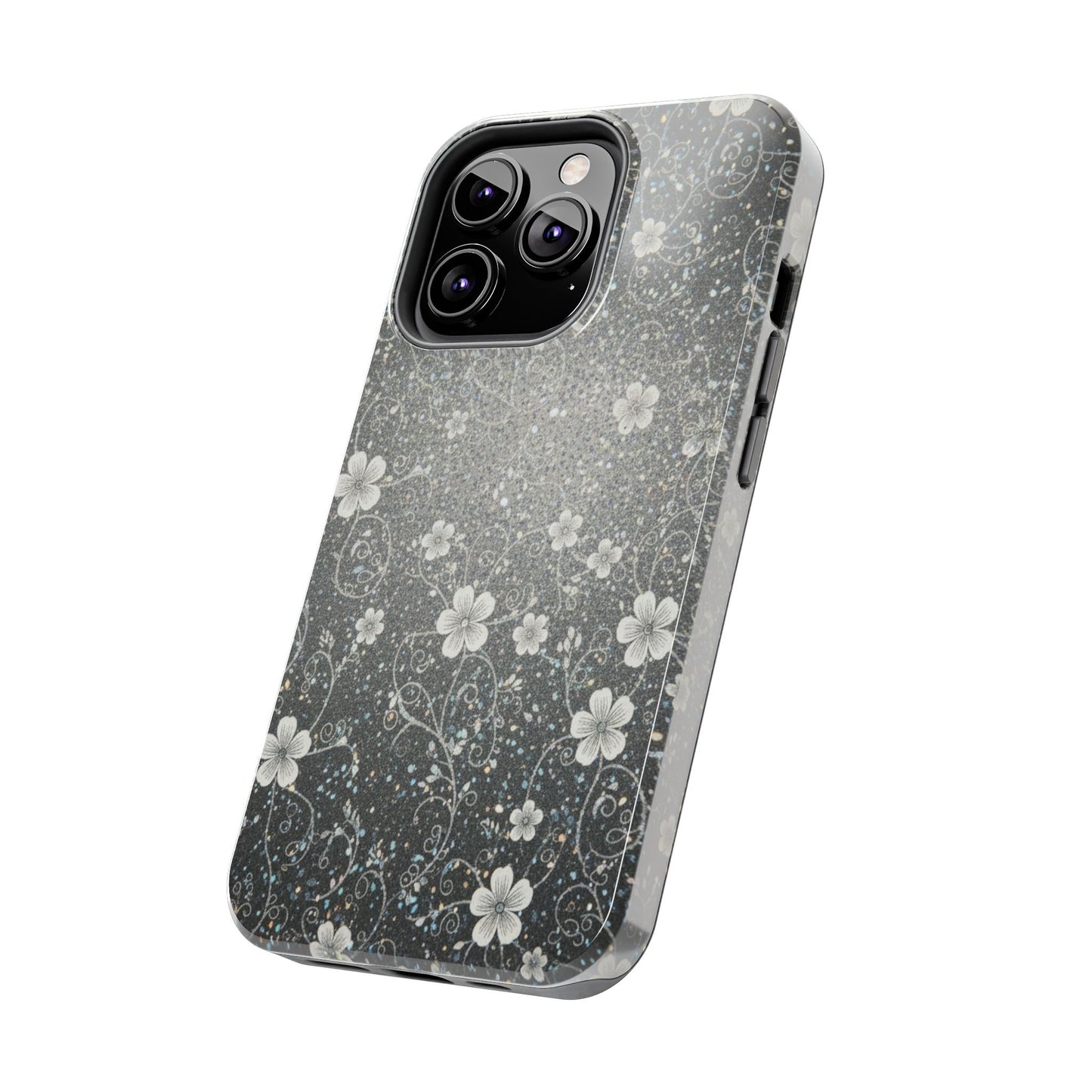 Floral Sparkle Tough Phone Case — Black & Silver Vintage Blossom
