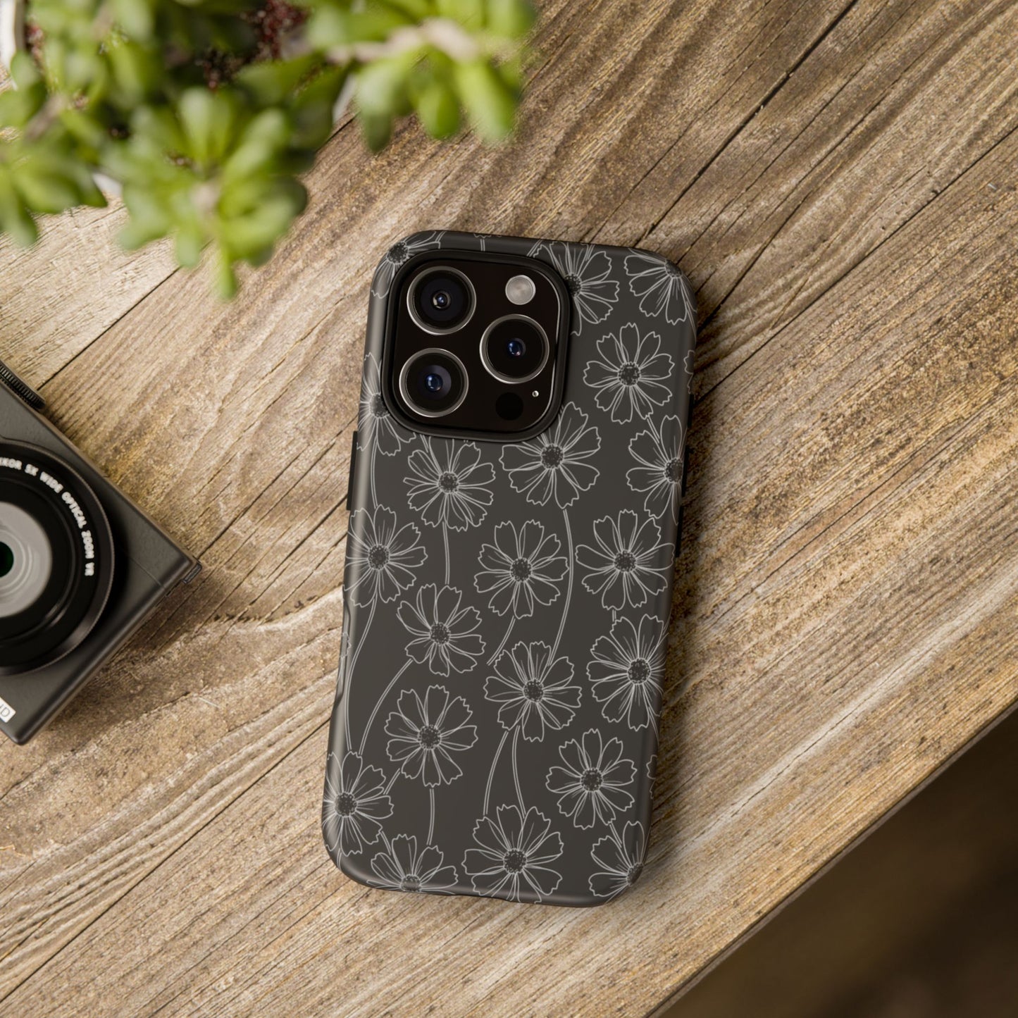 Floral Doodle Tough Phone Case — Black & Gray Daisy Pattern