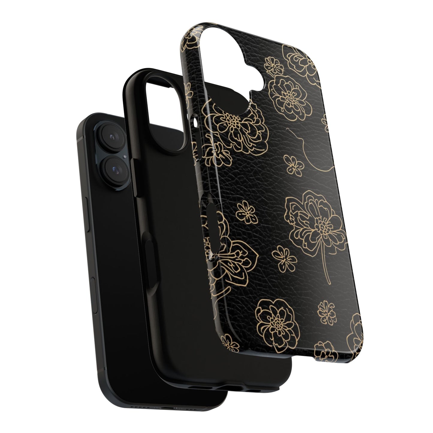 Floral Leather-Texture Tough Case – Black Gold Outline Phone Cover