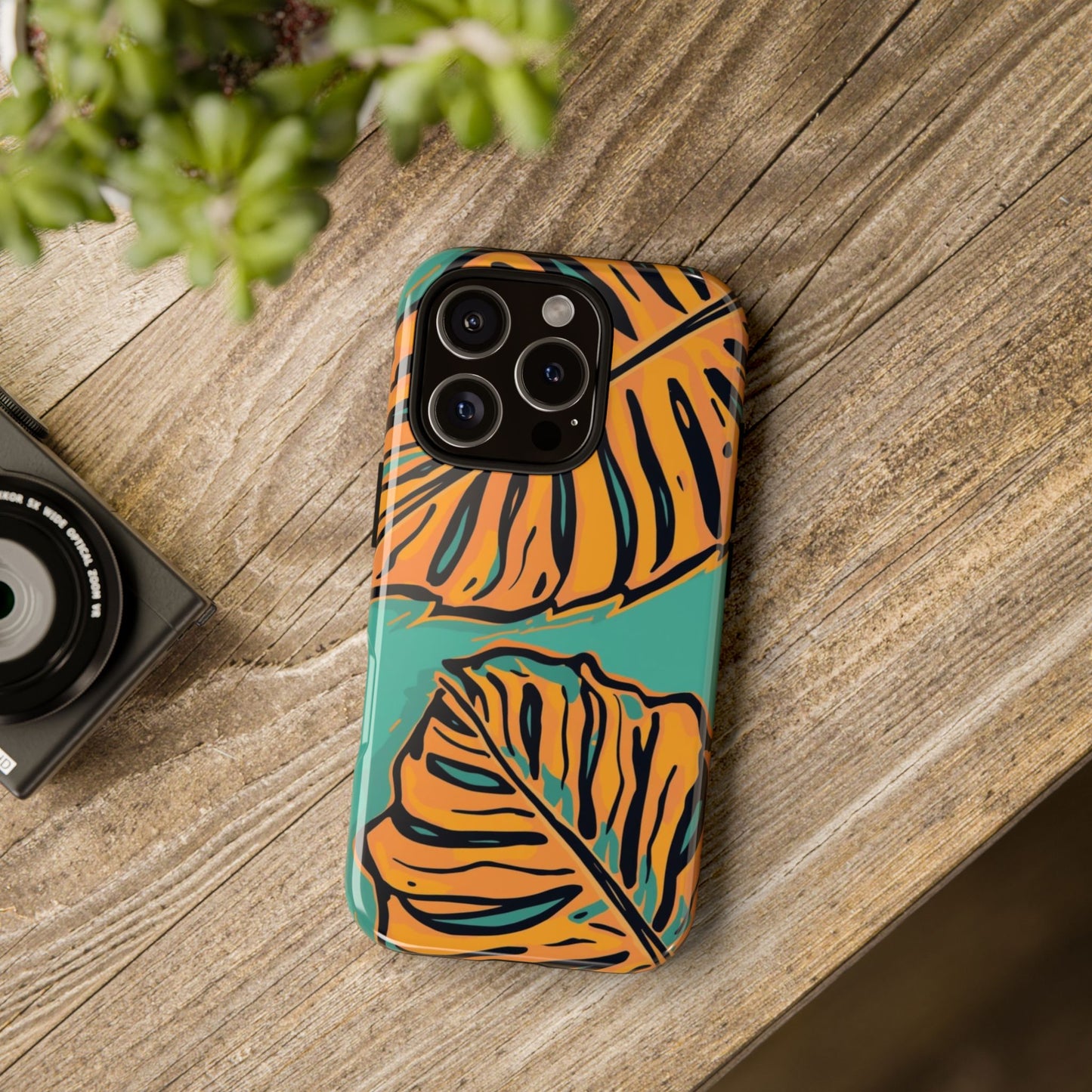 Tropical Leaf Tough Phone Case — Orange Monstera Design on Teal