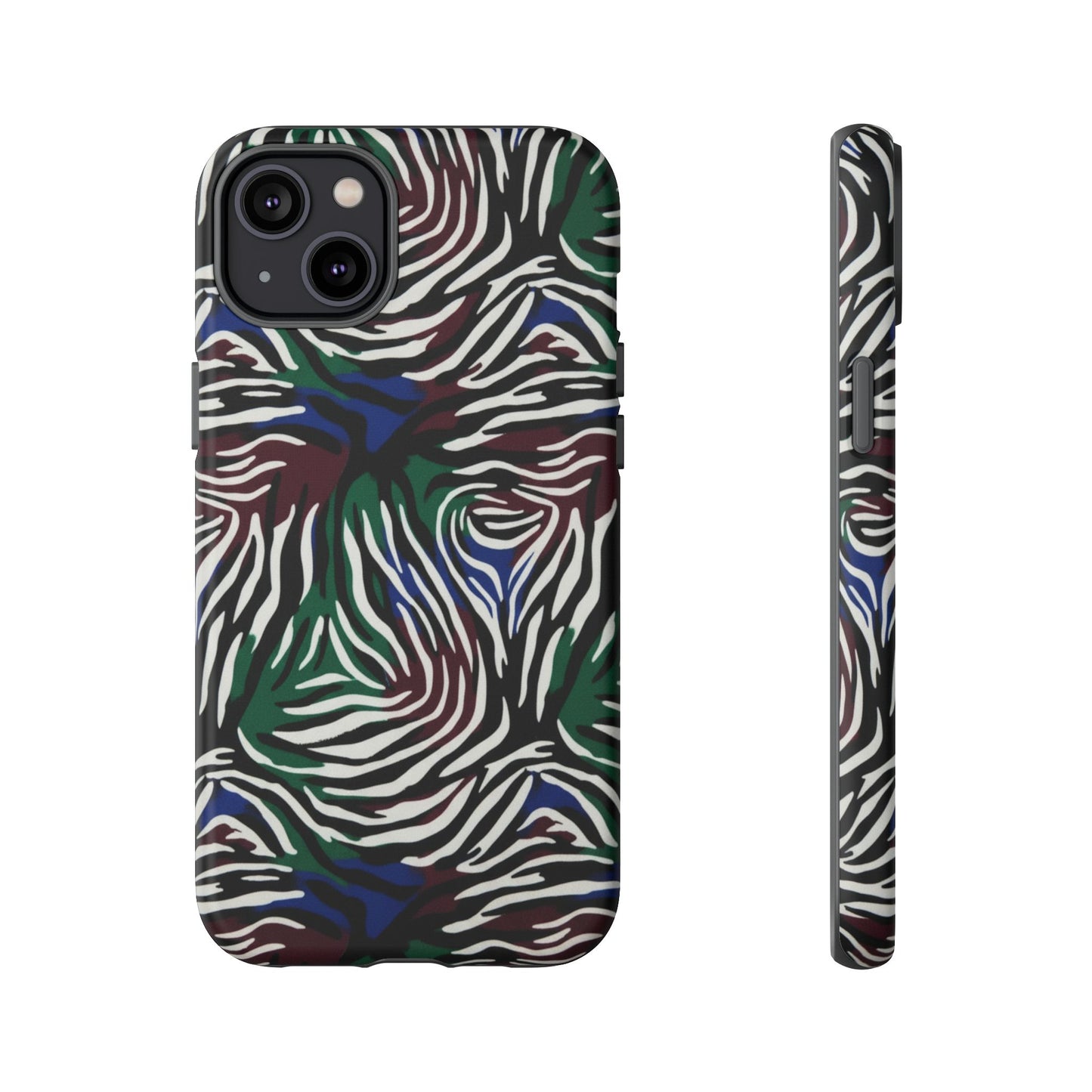 Zebra Camo Tough Phone Case – Green & Blue Animal Print Protective Cover
