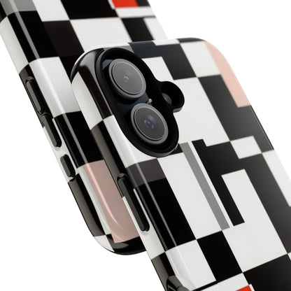 Abstract Geometric Phone Case – Black & White Checker Grid with Red Accent