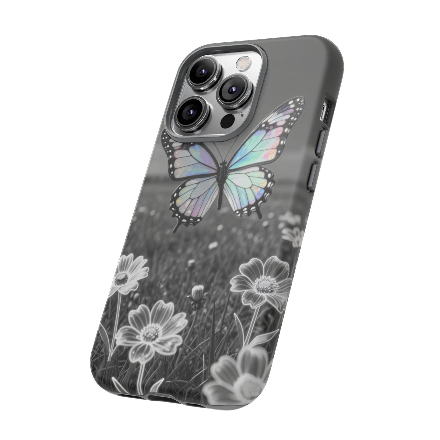 Butterfly Field Tough Phone Case — Pastel Holographic Butterfly on Black & White Floral Background