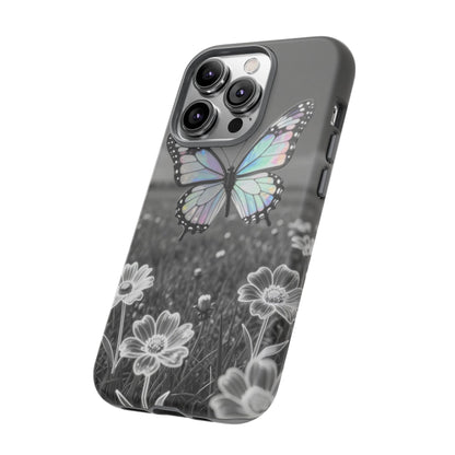 Butterfly Field Tough Phone Case — Pastel Holographic Butterfly on Black & White Floral Background