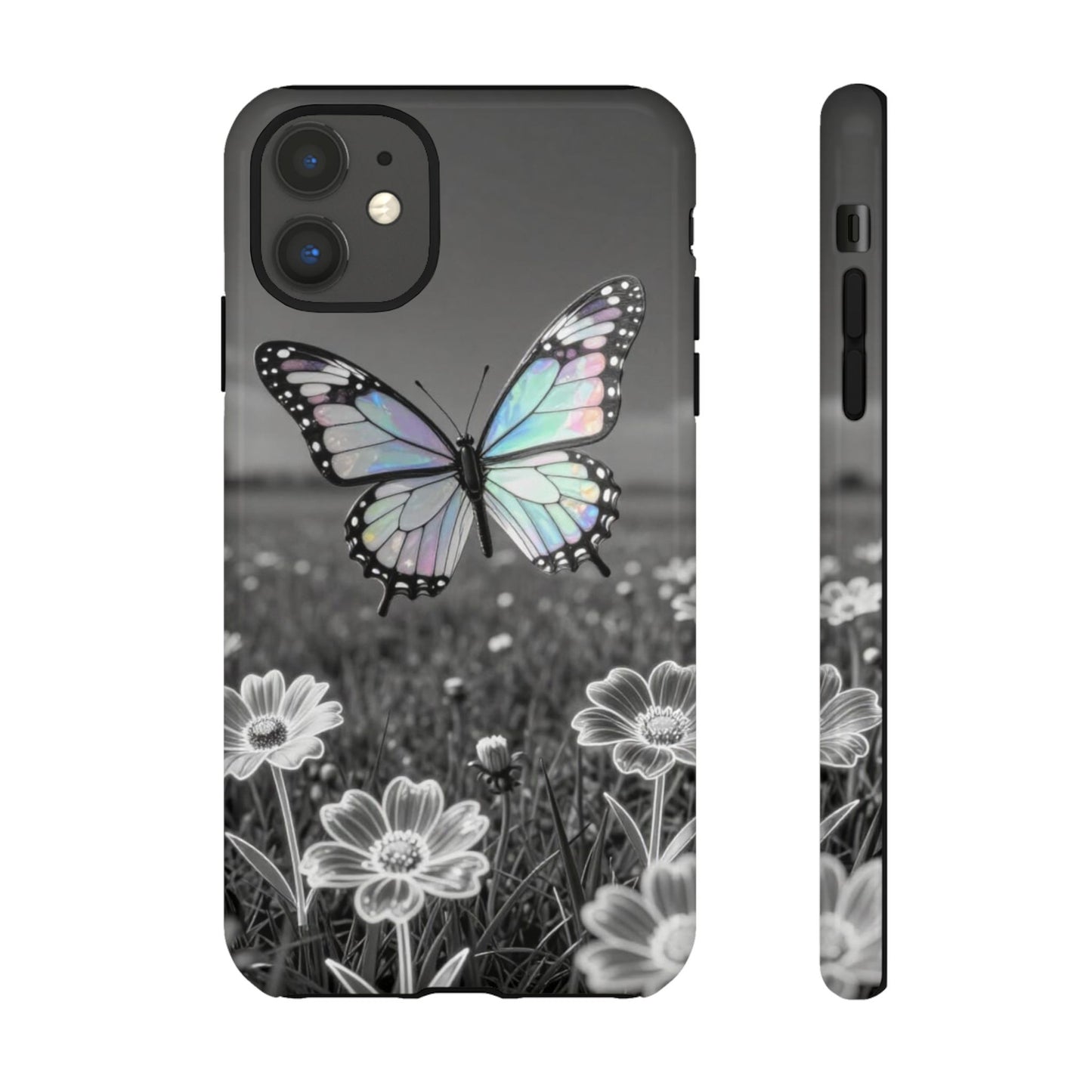 Butterfly Field Tough Phone Case — Pastel Holographic Butterfly on Black & White Floral Background
