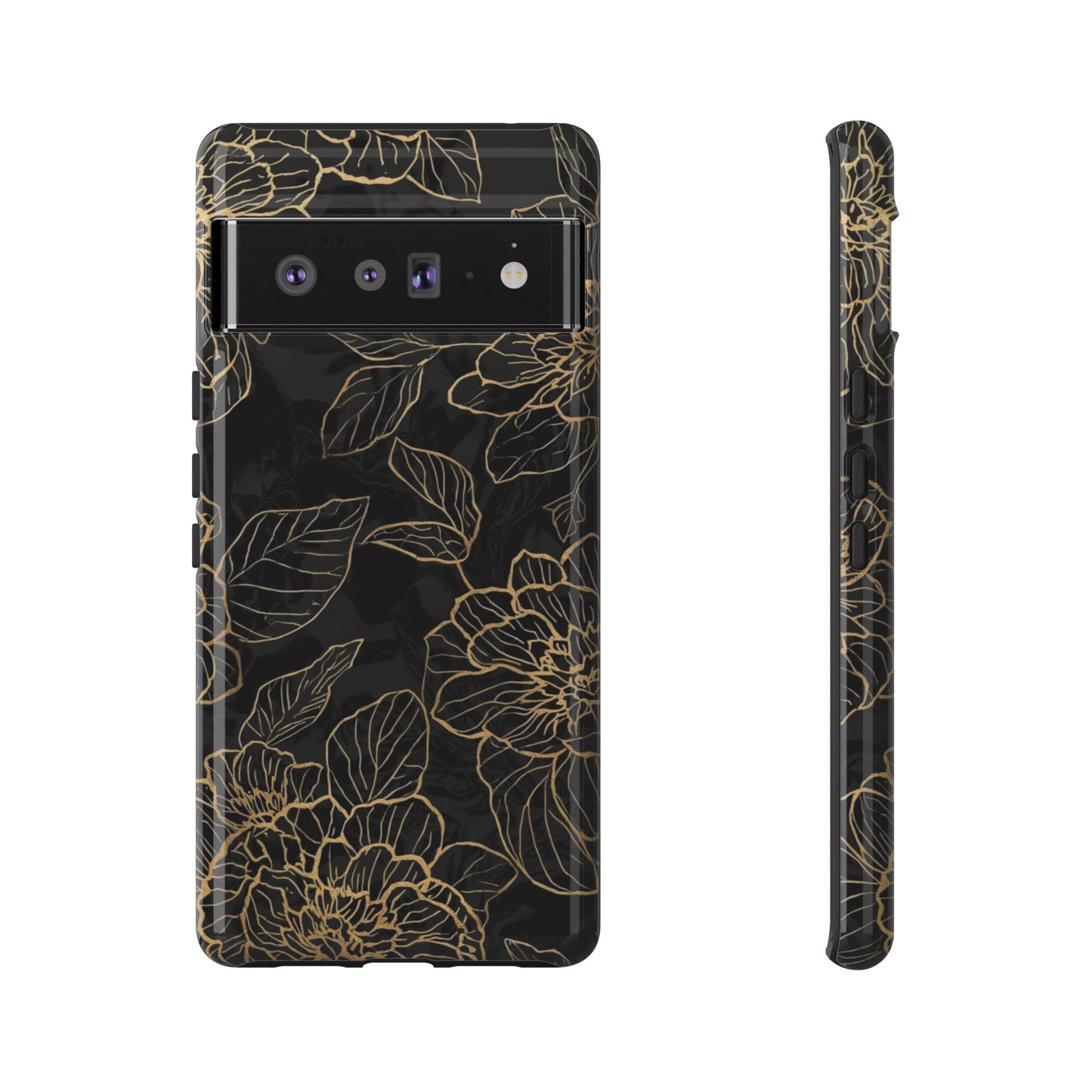 Floral Gold Outline Tough Phone Case – Black Botanical Protective Cover
