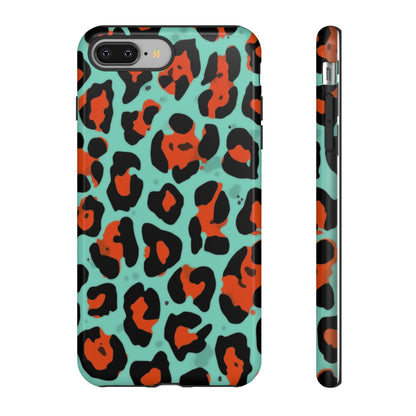 Leopard Print Tough Phone Case — Teal & Rust Protective iPhone Cover