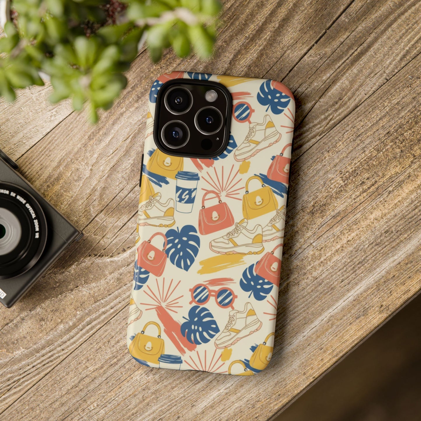 Tough Cases: Retro Summer Pattern Phone Case – Sunglasses, Sneakers & Tropical Leaves