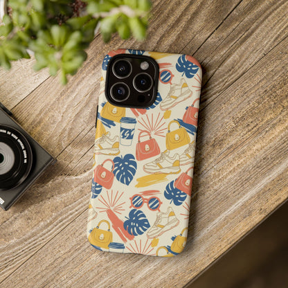 Tough Cases: Retro Summer Pattern Phone Case – Sunglasses, Sneakers & Tropical Leaves