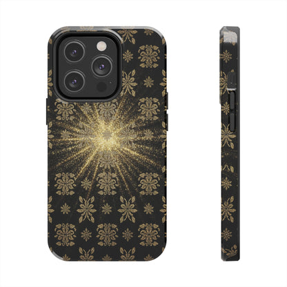 Glitter Burst Tough Phone Case — Black & Gold Floral Protective Cover