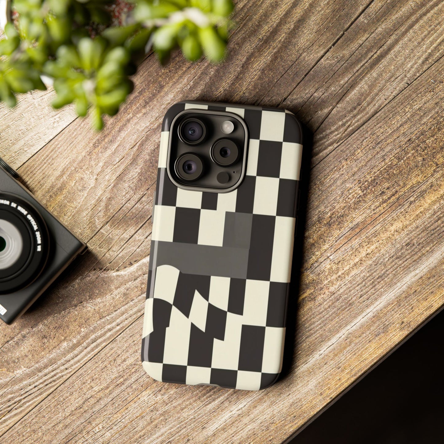 Checkerboard Wave Phone Case — Black & Cream Graphic Tough Case