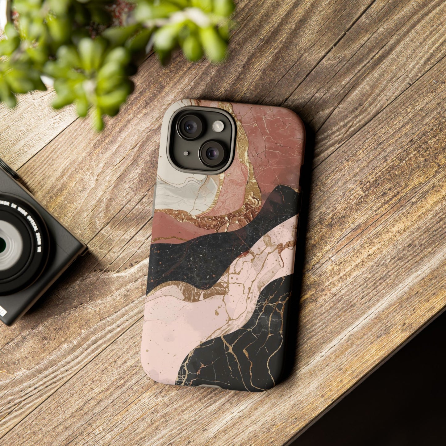 Marbled Rose Gold Phone Case — Abstract Pink & Black Protective Tough Case
